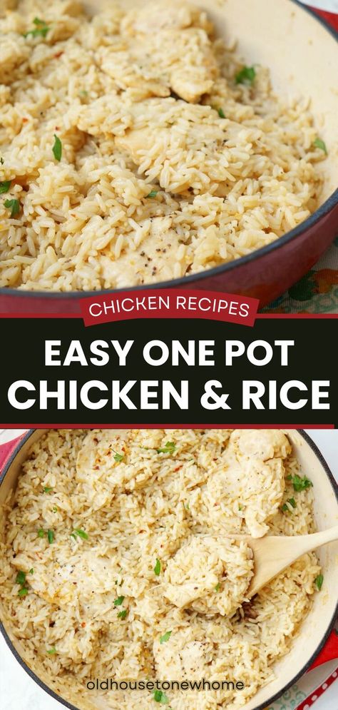 Chicken and rice is a classic combination, and this version has lots of fresh garlic and parmesan cheese. So much flavor in one pan! Chicken And Rice Stovetop, Garlic Chicken And Rice, Easy Chicken Dinner, Chicken Dinner Recipe, Chicken Rice Recipes, Stove Top Recipes, Easy Chicken Dinner Recipes, Chicken And Rice, One Pan