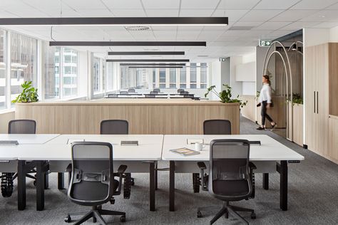 Workstation Interior Design, Scandi Office, Timber Joinery, Workstations Design, Muji Style, Exposed Ceilings, Office Themes, Corporate Office Design, Budget Design