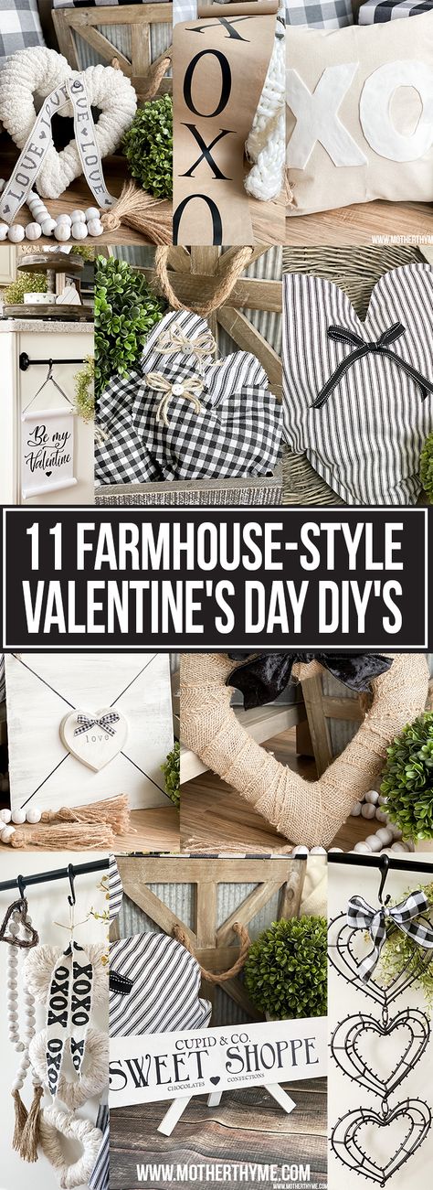 11 Cute and Easy Farmhouse-Style Valentine's Day DIY's » Mother Thyme Black And White Valentines Day Decor, Farmhouse Valentines Day Decor, Rustic Valentine Decor, Valentine Craft Decorations, Farmhouse Valentine Decor, Mother Thyme, Diy Valentines Day Wreath, Booth Inspiration, Diy Valentine's Day Decorations