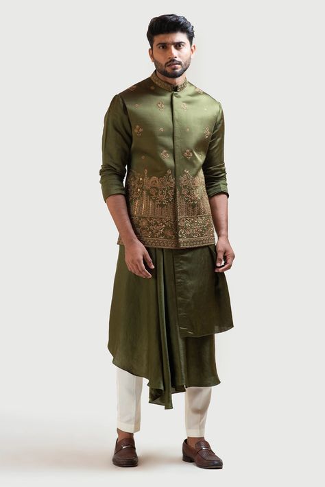 Satin Kurta, Nehru Jacket For Men, Sleeveless Kurta, Placement Embroidery, Green Drapes, Haldi Outfit, Motif Embroidery, Zardozi Work, Silk Pant