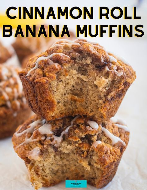 Cinnamon Roll Banana Muffins, tender banana muffins with a hint of cinnamon and topped with a delicious vanilla cream cheese glaze. An easy breakfast using ripe bananas. Using Ripe Bananas, Best Banana Muffin Recipe, Banana Cinnamon Muffins, French Yogurt Cake, Rhubarb Oatmeal, Vanilla Cream Cheese, Coffee And Walnut Cake, Cinnamon Roll Muffins, Honey Granola