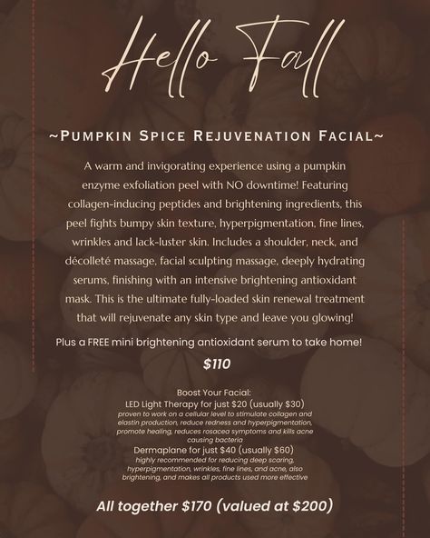 🎃🎃🎃 #pumpkinenzymefacial #pcaskin #glymedplus #estheticiangroverbeach #avilabeachestheticians #sanluisobispoesthetician November Esthetician Posts, Esthetician Posts, Esthetician Room, Bumpy Skin, Antioxidant Serum, Pca Skin, Led Light Therapy, Hydrating Serum, Light Therapy