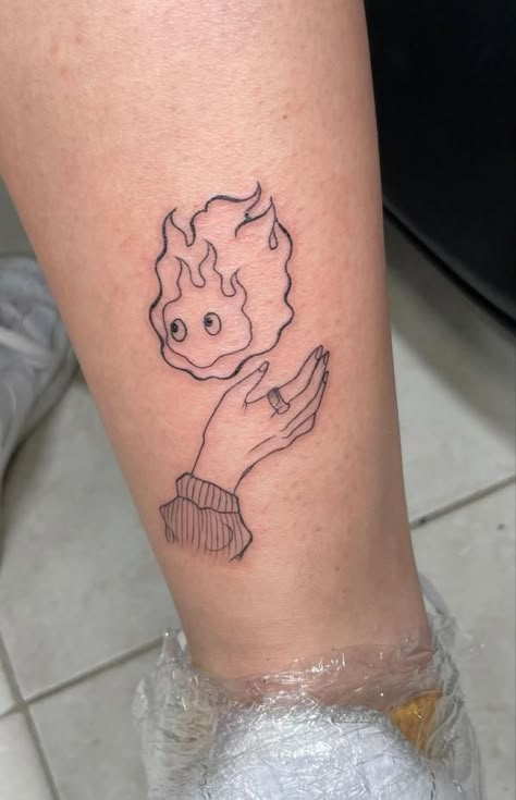 Ghibli Tattoo Minimalist, Studio Ghibli Tattoo Ideas, Outline Tattoo Ideas, Ponyo Tattoo, Calcifer Tattoo, Miyazaki Tattoo, Jasmine Tattoo, Ghibli Tattoos, Atla Tattoo