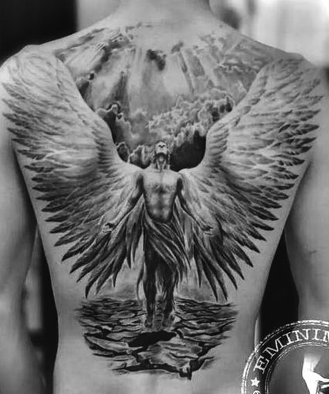 Mens Angel Back Tattoo, Back Tattoos For Guys Upper Words, Back Angel Tattoo For Men, Gardian Angel Tattoo For Men, Men’s Angel Tattoo, Back Tattoos For Guys Angel, Micheal Arc Angel Tattoo, Angel Tattoo Men Back, Backtattoos Back For Men