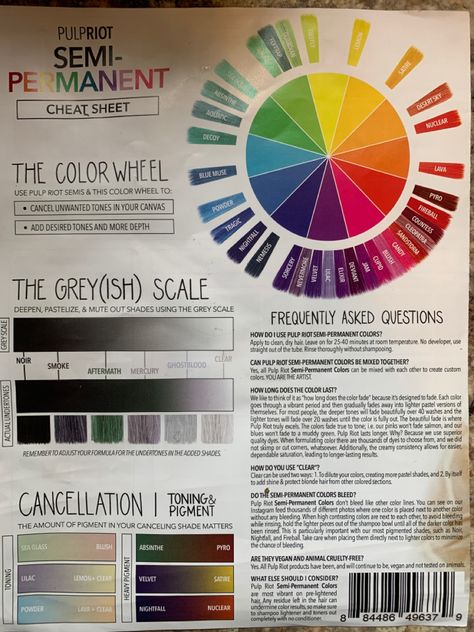 Color Theory Cosmetology, Rembo Colour, Pulp Riot Hair Color Swatches, Pulp Riot Hair Color Ideas, Cosmetology Education, Hair Knowledge, Toning Hair, Hair Cosmetology, Hair Color Wheel