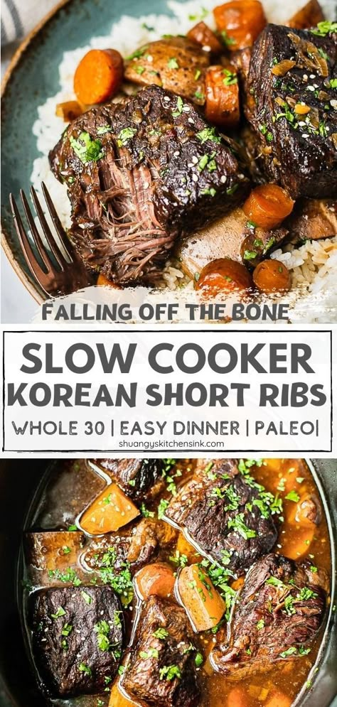 Whole30 Slow Cooker, Korean Short Ribs, Short Ribs Slow Cooker, Paleo Slow Cooker, Slow Cooker Ribs, Low Carb Low Fat Recipes, Short Ribs Recipe, Healthy Slow Cooker, Carb Meals