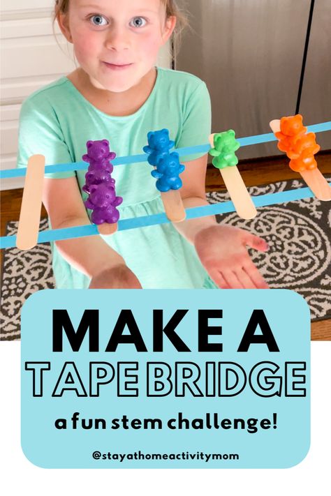 Using just a few supplies around the house, you can challenge your child to make a tape bridge. This fun preschool STEM activity by Stay at Home Activity Mom focuses on problem-solving, fosters curiosity and creativity, and works on fine motor skills! Click to see the activity in action and learn more today. Bridge Preschool Activities, Science Gross Motor Activities, Challenges For Preschoolers, Steam Challenges For Preschool, Engineer Activities For Preschool, Stem Challenges Preschool, Pre K Enrichment Activities, Prek Outside Activities, Stem Week Preschool