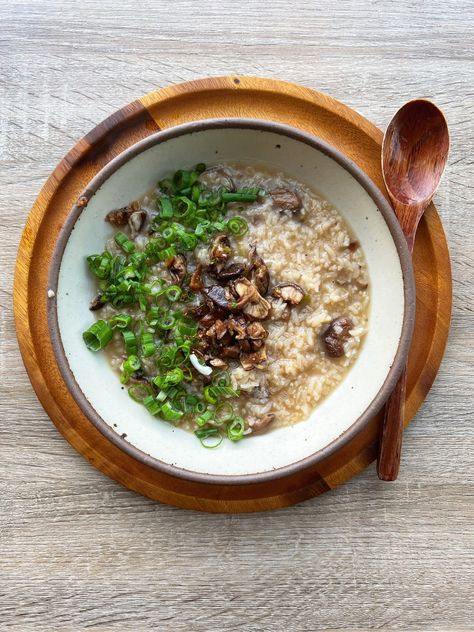 Mushroom Congee - Tiff Loves Tofu Mushroom Congee, Vegan Fish Sauce, Congee Recipe, Shitake Mushrooms, Shitake Mushroom, Vegan Fish, Dried Mushrooms, Asian Grocery, Long Grain Rice