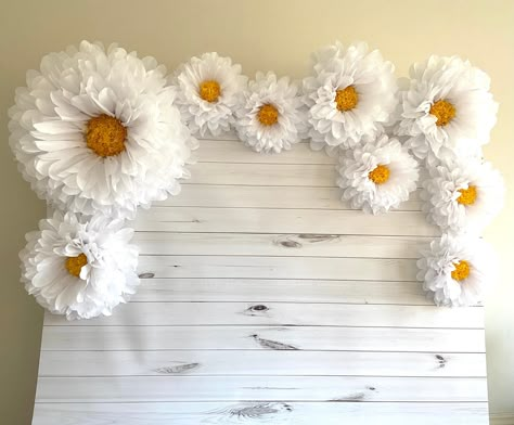 "Our set of 9 tissue paper daisies are a quick and easy way to decorate your space for a party, daisy themed wedding, bridal shower or baby shower.  Use these flowers for a kid's birthday and then reuse them in their bedroom or playroom decor! This listing includes: 🌼1 x 30\" daisy with yellow center 🌼3 x 20\" daisies with yellow centers 🌼5 x 14\" daisies with yellow centers 🌼Floral wire loops in the backs of the flowers to hang them up 🌼Blooming instructions 🌼Tips for hanging up your flow Daisy Flower Backdrop, Daisy Themed Wedding, Daisy Baby Shower Theme, Paper Daisy Flower, Daisy Wedding Theme, Flowers Tissue Paper, Daisy Centerpieces, Daisy Decorations, Paper Daisies