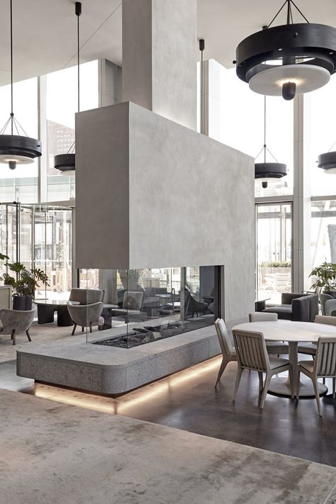 Design Studio Space, Hotels In London, Lounge Interiors, Copenhagen Hotel, Hotel Lounge, Space Copenhagen, Casa Country, Contemporary Fireplace, Living Room Design Inspiration