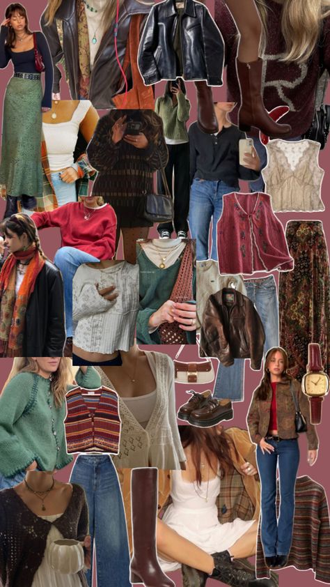 A full collage of earthy toned outfit inspiration for fall. Long skirts, knee high boots, multicolored scarves, leather jackets, lace tanks, and chunky sweaters! Earthy Outfits Aesthetic, Witchy Outfits, Earthy Outfits, Outfit Inspo Fall, Outfits Aesthetic, Fall Outfit, Fall Vibes, Aesthetic Clothes, Fall Outfits