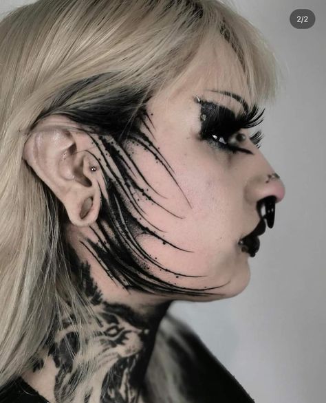 Face Tattoos On Women, Side Of The Face Tattoos For Women, Face Tatoos Woman, Blackwork Face Tattoo, Goth Face Tattoo, Gothic Face Tattoo, Floral Face Tattoo, Ornamental Face Tattoo, Side Burn Tattoos For Women