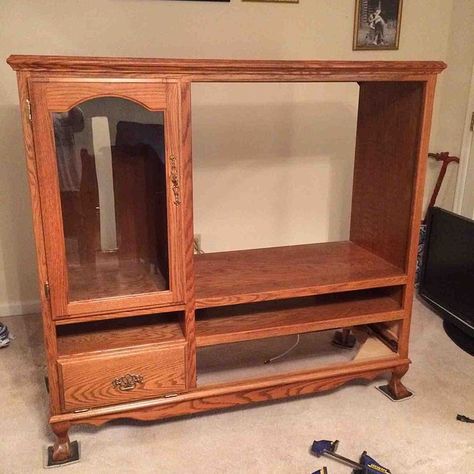 Bringing an Oak Entertainment Center Into 2014 Oak Entertainment Center, Diy Painted Furniture, Old Entertainment Centers, Entertainment Center Redo, Entertainment Center Makeover, Home Improvement Ideas, Entertainment Table, Entertainment Cabinet, Fire And Blood