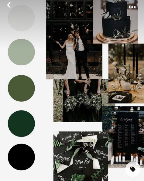 Emerald Sage And Black Wedding, Midnight Green Wedding Color Combos, Dark Green And Navy Wedding Decor, Green And Black Wedding Color Palette, Green And Black Wedding Aesthetic, Winter Wedding Colors Black, Modern Industrial Wedding Color Palettes, Wedding Colors Black And Green, Modern Wedding Green