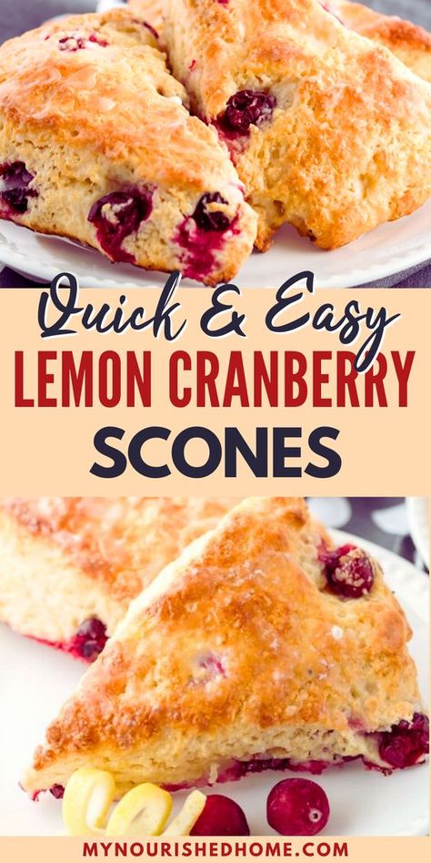 These quick and easy lemon cranberry scones are baked with fresh cranberries and only need 20 minutes in the oven. They are sweet with a little tart kick from the fresh berries and lemon. These scones are fantastic with a cup of coffee or tea for a light breakfast on a fall or winter morning. Cranberry Oatmeal Scones, Lemon Berry Scones, Lemon Cranberry Scones Recipe, Fresh Cranberry Orange Scones, Lemon Cranberry Scones, Best Scones Recipe Easy, Homemade Scones Recipes Easy, Scones Recipe Lemon, Cranberry Scones Recipe Easy