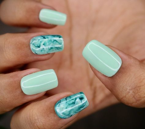 Cute Pastel Nail Designs For Short Nails, Pale Blue Gel Nails, Pale Green Nails, Green Marble Nails, Nail Ink, Pearl Nail Art, Mint Green Nails, Nails Short Square, Mint Nails