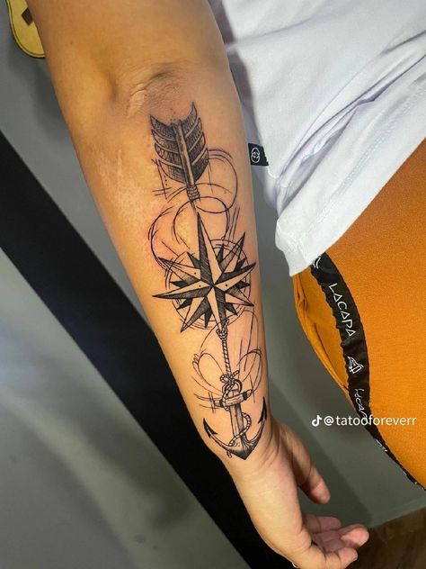 Men Forearm Tattoos, Compass Tattoos Arm, Arrow Compass Tattoo, Compass Tattoo Men, Simple Tattoos For Guys, Forearm Band Tattoos, Men's Small Tattoo, Band Tattoo Designs, Armband Tattoo Design