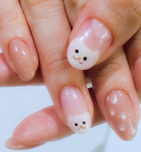 Nail With Cat Design, Short Cat Nail Designs, Simple Cat Nail Art, Acrylic Cat Nails, Easy Kawaii Nails, Simple Cat Nail Designs, Cat Nail Designs Cute, Cat On Nails, Cat Gel Nails