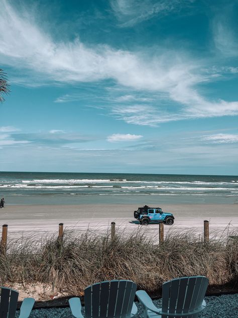 Dayton beach, Florida - blue jeep - ocean Daytona Beach Aesthetic, Blue Jeep Aesthetic, Jeep Aesthetic, Disney 2025, Blue Jeep, Church Camp, Daytona Beach Florida, Aesthetic Beach, Daytona Beach