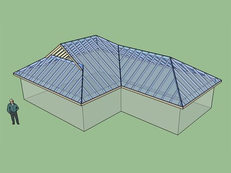 @pcmoor   This method seems to make sense.  In a nutshell you are extending the lower ridge past the joint until it meets the next jack rafter, then the flying hip and valley are miter cut to meet the lower ridge.     My only complaint or disagreement with your model would be the height of the valley rafter.  Should it not be raised up so that the sheathing from both roof planes rest on its centerline?   I've created a version of the model above with this method of framing at the flying h... Valley Rafter, Home Design 3d, Forest Houses, Truss Design, Roof Truss Design, African House, Roof Construction, Roof Trusses, Roof Lines