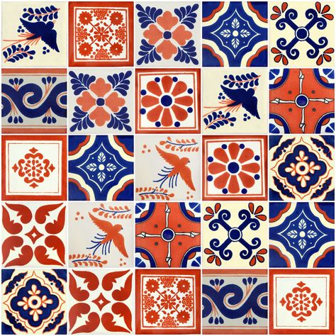 "*25 Mexican Tiles assorted designs. *ceramic tile size: 4x4 \" each (these may present variations in size), Due to the rotation stock the designs may vary *Tiles may present slight variations in colors, designs and size, due to its handmade process. *Handmade in Mexico, not frost proof *Tiles are suitable for bathroom walls, counter tops, backsplash, stairs, etc. No matter how big your order, we can fill it!Decorative Tile" Mexican Tile Stencil, Spanish Tile Painting, Cool Tile Designs, Mexican Tile Aesthetic, Mexican Mosaic Tiles, Ceramic Tile Pattern, Spanish Tile Art, Spanish Ceramic Tiles, Mexican Ceramic Tiles