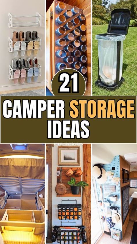 Discover 21 innovative camper storage ideas that will transform your RV or camper van into an organized haven. From clever under-bed storage solutions to space-saving kitchen hacks, these tips are perfect for any camping enthusiast. Maximize your small space with stylish and functional storage solutions that make life on the road a breeze. Click through to get inspired and start your next camping adventure with a clutter-free camper! Camper Closet Storage Ideas Travel Trailers, Camping Organizing Hacks, Caravan Clothes Storage Ideas, Caravan Diy Hacks, Rv Jewelry Storage, Micro Camper Storage Ideas, Rv Storage Hacks Space Saving, Travel Trailer Hacks Space Saving, Camper Storage Organization