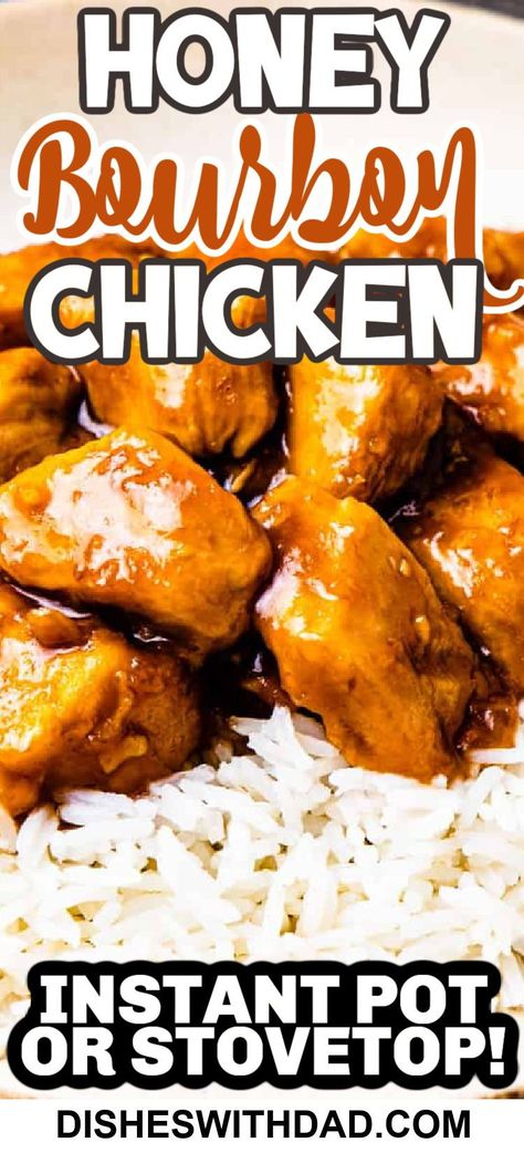 This Honey Bourbon Chicken recipe features tender chunks of chicken with a sweet and savory honey bourbon sauce. It's pressure cooked in the Instant Pot for a quick and easy dinner that tastes just like your favorite mall food court dish! Honey Bourbon Chicken Instant Pot, Crockpot Honey Bourbon Chicken, Bourbon Chicken Recipe Crockpot, Instant Pot Bourbon Chicken, Pineapple Chicken Breast, Honey Bourbon Chicken, Oven Bbq Chicken, Chicken Instant Pot, Bourbon Chicken Recipe