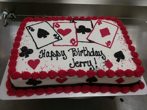 Poker cake Casino Theme Sheet Cake, Poker Cake Birthday, Casino Cake Ideas For Men, Casino Sheet Cake, Gambling Cake Ideas, Casino Theme Birthday Cake, Poker Birthday Cake, Card Cake Ideas, Deck Of Cards Cake