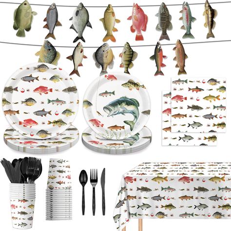 PRICES MAY VARY. FISHING BIRTHDAY PARTY DECORATIONS: 24 dinner paper plates (9 inches), 24 dessert paper plates (7 inches), 24 napkins, 24 paper cups (9 oz), 24 knives, 24 forks, 24 spoons, 1 tablecloth (54 x 108 inches), and 1 banner; GONE FISHING DESIGNS: This series of party supplies is designed with a Gone Fishing theme. The paper plates feature boats, fish, fishing lines, bait, trees, river water, and other designs in harmonious colors, creating a great fishing birthday party decorations at Ofishally One Birthday Decorations, Fishing Birthday Party Decorations, Ofishally One Birthday, Fishing Party Decorations, Gone Fishing Party, Fishing Theme Party, Fishing Themed Birthday Party, Fishing Birthday Party, Fishing Party