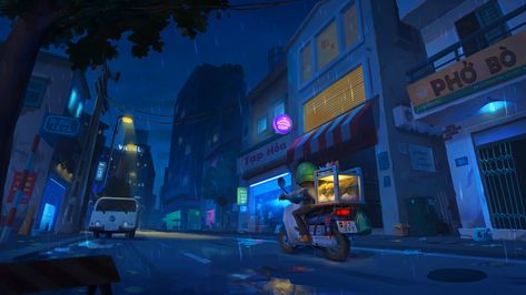 Ha Noi Street, Palo VN on ArtStation at https://www.artstation.com/artwork/b5zkwd Night City Reference, Night Digital Painting, Pixel Art City Night, Night Time Anime Background, City At Night Illustration, Night City Digital Art, Background Digital Art, Environment References, Background Painting