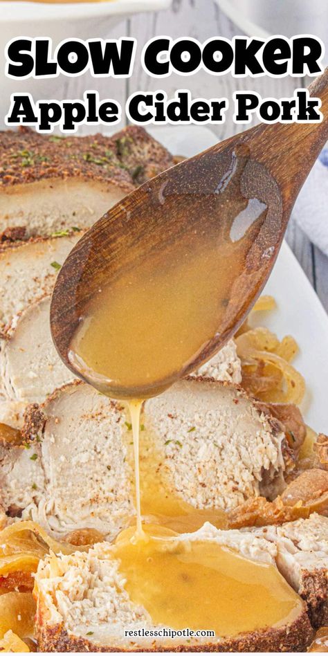 This Apple Cider Pork Roast is the perfect combination of savory and sweet! Slow-cooked to tender perfection, the pork is infused with the rich flavors of apple cider, herbs, and spices, making it a cozy and comforting meal for any occasion. Whether you're serving it for a family dinner or a special gathering, this dish pairs beautifully with seasonal sides and brings the taste of fall to your table. Follow for more great recipes Pork Chop Apple Recipes Crockpot, Slow Cooker Apple Cider Pork, Cider Pork Roast, Fall Family Dinners, Fall Casserole Recipes, Apple Cider Pork Chops, Apple Cider Sauce, Pork Roast With Apples, Apple Cider Pork