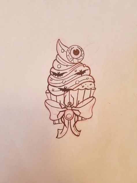 Halloween cupcake by cj marie Goth Cupcake Tattoo, Cupcake Skull Drawing, Spooky Cupcake Tattoo, Spooky Food Tattoo, Halloween Cupcake Tattoo, Food Tattoo Ideas, Witchy Sleeve, Cupcake Tattoo Designs, Cupcake Tattoo