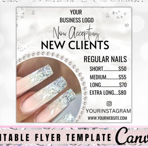 Nail salons flyer. You can edit flyer by Your self in Canva. It's super easy and very fast! Just change Your contacts and all pictures. You can add Your elements, logo and actually information where You want to. And You can remove something form this flyer what You don't need. You don't need to pay someone for flyer design, You don't have to spend Your time for making new Flyer in Canva Make Your social media bright and shine! Nail Promotions Poster, Nail Salon Flyer Ideas, Nail Tech Poster Ideas, Nail Flyers Ideas, Nail Tech Flyer Ideas, Nail Flyer Ideas, Nail Tech Marketing, Nail Salon Flyer, Canva Creations