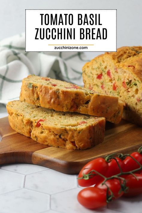 Tomato basil zucchini bread recipe by Zucchini Zone. Tomato basil zucchini bread is packed with your favorite summer garden produce. Shredded zucchini, diced tomato, and basil add a fresh and bright savory flavor that you'll love. #tomatobasilzucchinibread #zucchinibread #tomatobasilbread #quickbread #baking #summer Savory Zucchini Bread Recipes, Zucchini And Tomato Recipes, Shredded Zucchini Recipes, Basil Zucchini, Savory Zucchini Bread, Baking Summer, Zucchini Bread Muffins, Easy Zucchini Bread, Zucchini Side Dishes