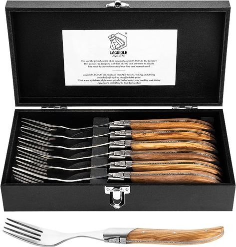 Set of 6 stainless steel forks. With a luxurious olive wood handle.
Beautifully crafted metal with unique embellishment. Comes in a luxury wooden box.
Total length: 22 cm. Metal Thickness: 2.5mm
Matches perfectly with the Luxury Line steak knives and spoons. Steak Knives, Easy Home Decor, Olive Wood, Kitchen Supplies, Honey Bee, Forks, Kitchen Tools, Provence, Home Kitchen