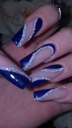 Hoco Nails Blue And Silver, Blue N Silver Nails, Prom Nails Dark Blue And Silver, Royal Blue Chrome Nails Designs, Blue And Sliver Nails Ideas, Royal Blue Wedding Nails For Bride, Royal Blue And Silver Sweet 16, Nails For Dark Blue Dress Prom, Prom Nails For Dark Blue Dress