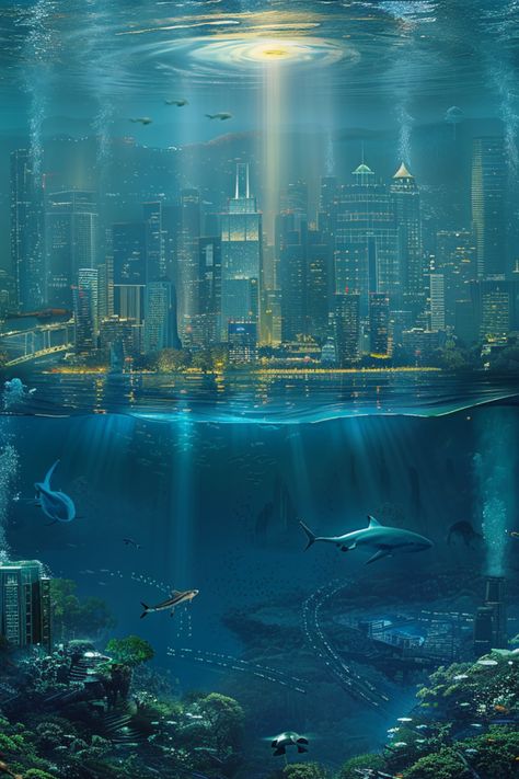 /imagine an underwater city with a light source on the sea bed that illuminates the city. There are other sea creatures swimming around the city. We can see trees, rivers and mountains in this underwater world. The art style is hyper realistic. --v 6.0 - Image #4 Fantasy Underwater City Concept Art, Mermaid City Underwater, Underwater City Aesthetic, Underwater Transportation, Sea World Aesthetic, Belize Painting, Underwater City Concept Art, Underwater City Fantasy Art, Sea Concept Art