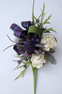 Spiky Thistle, Rose & Heather Corsage, wedding flowers, kilts. Scottish Wedding Themes, Tartan Wedding, Heather Rose, Celtic Wedding, Flower Corsage, Scottish Wedding, Corsage Wedding, Bride Bouquets, Arte Floral