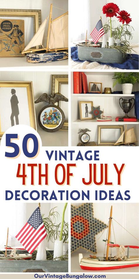 white bookcase decorated with simple patriotic decor text reads - 50 vintage 4th of july decoration ideas Farmhouse Fourth Of July Decor, 4th Of July Farmhouse Decor, Farmhouse 4th Of July Decor, Vintage Americana Decor, Farmhouse Patriotic Decor, Vintage Fourth Of July, Diy Patriotic Decor, Vintage Bungalow, Farmhouse 4th Of July