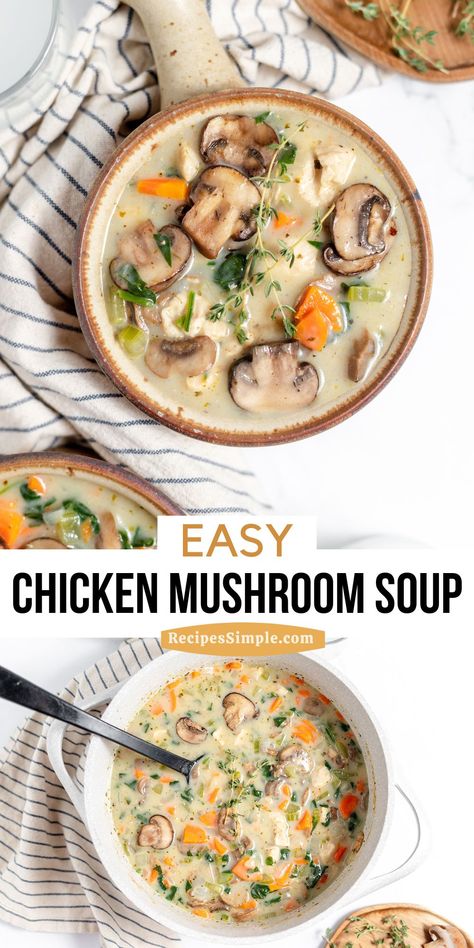 This easy Chicken Mushroom Soup is a comforting and flavorful dish that's easy to prepare. Made with simple ingredients like chicken, mushrooms, carrots, and spinach, this soup is hearty and delicious. Soup Mushroom Chicken, Chicken Noodle Soup With Mushrooms, November Soup Recipes, Chicken Spinach Mushroom Soup, Mushroom Carrot Soup, Crockpot Chicken And Mushroom Soup, Chicken Spinach Soup Recipes, Spinach Chicken Soup, Mushroom Soup Without Cream