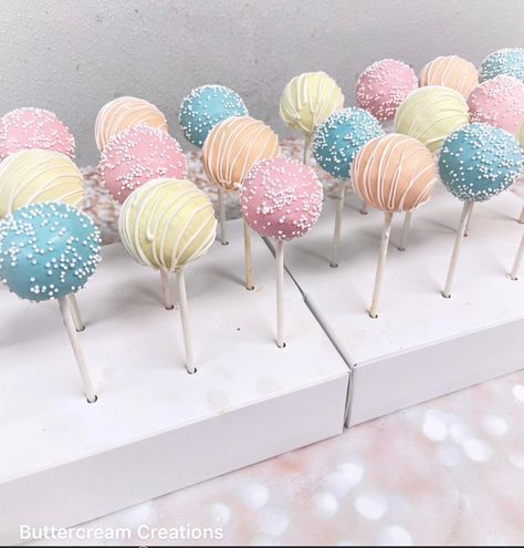 Pastel Color Dessert Table, Pastel Treats Desserts, Pastel Desserts Table, Genderal Revel Ideas, Pastel Cake Pops Ideas, Pastel Color Birthday Party Decorations, Pastel Theme Baby Shower Ideas, Pastel Treat Table, Bluey Cake Pops Ideas