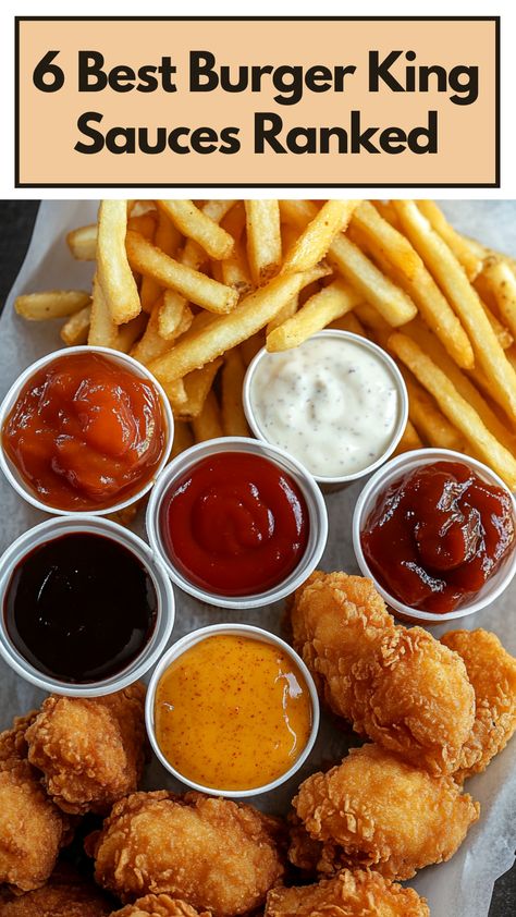 An image featuring an assortment of Burger King sauces, including BBQ, ranch, and sweet and sour, arranged neatly beside crispy chicken nuggets and fries. Sauce Burger, The Best Burger, Burger Sauce, Good Burger, Burger King, Copycat Recipes, Ketchup, Buffalo, Sauce