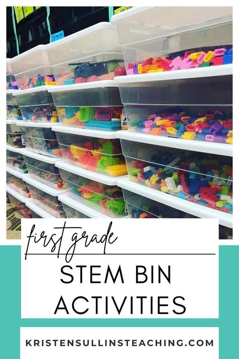 If you haven’t tried STEM bin activities in your own first grade classroom, they are a LIFE SAVER with added benefits. 1st Grade Stem Bins, Brain Bins 2nd Grade, Steam Bins Kindergarten, Sensory Bin 2nd Grade, Morning Stem Bins First Grade, Busy Bins Elementary, Math Bins Kindergarten, Kindergarten Stem Bins, Stem Bin Ideas