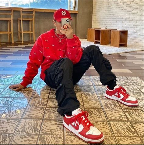 Men’s Red Outfit, Red Dunks Outfit Men, Red Hoodie Outfit Aesthetic Men, Red Jordans Outfit Men, Red And Black Outfits Men, Red Hoodie Outfit Men, Red Outfits Men, Red Outfits Men Street Style, Red Outfit Men