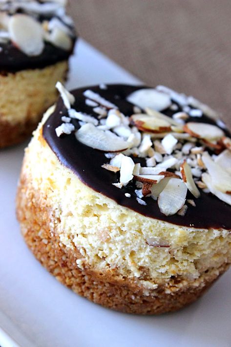 Almond Cheesecake, Mini Cheesecake Recipes, Coconut Cheesecake, Best Cheesecake, Bite Size Desserts, Gourmet Desserts, Coconut Almond, Almond Joy, Cheesecake Desserts