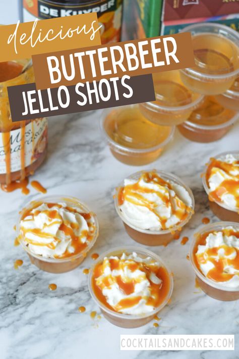 These delicious Butterbeer Jello Shots are made with cream soda, caramel, and butterscotch flavors. They're the perfect boozy treat for your Harry Potter movie marathon! Shots With Caramel Vodka, Harry Potter Movie Marathon, Harry Potter Themed Party, Butterscotch Syrup, Caramel Vodka, Harry Potter Movie, Jello Shot Recipes, Harry Potter Theme Party, Movie Watching