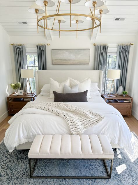 Coastal Bedroom Design, White Upholstered Bed, Lakehouse Bedroom, Maximizing Small Spaces, Tennessee House, Bed Frame Sizes, Fabric Bed Frame, White Bed Frame, Chic Bedroom Decor