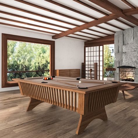 The HUTTON - A mid-century hardwood pool table. #interiordesign #archidaily #luxuryinteriors Beach House Pool Table, Art Deco Pool Table, Bar Interior Design Home, Pool Table Room Ideas, Basement Pool Table, Small Pool Table, Custom Pool Table, Hangout Area, Art Deco Pool