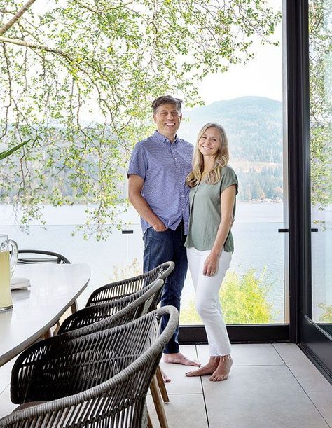 “This is now our gathering place,” says Colleen (pictured right with Matthew). “It’s where we can enjoy our new home, the view, the water and each other’s company — we forget about the stresses of life, and just appreciate one another and the nature that surrounds us.” Neutral Flooring, West Coast Style, Coffee Bar Station, Stair Lift, West Coast Fashion, Coast Style, Vanity Area, Lakefront Homes, Gathering Place