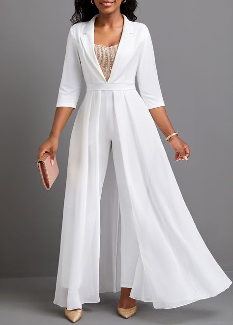 Sequin Ankle Length Lapel Regular White Jumpsuit | Rosewe.com - USD $45.98 Dress Pesta, 2piece Outfits, Mode Tips, Flowy Design, Fashion Gowns, Plus Size Jumpsuit, White Jumpsuit, Style Mistakes, Jumpsuit Fashion